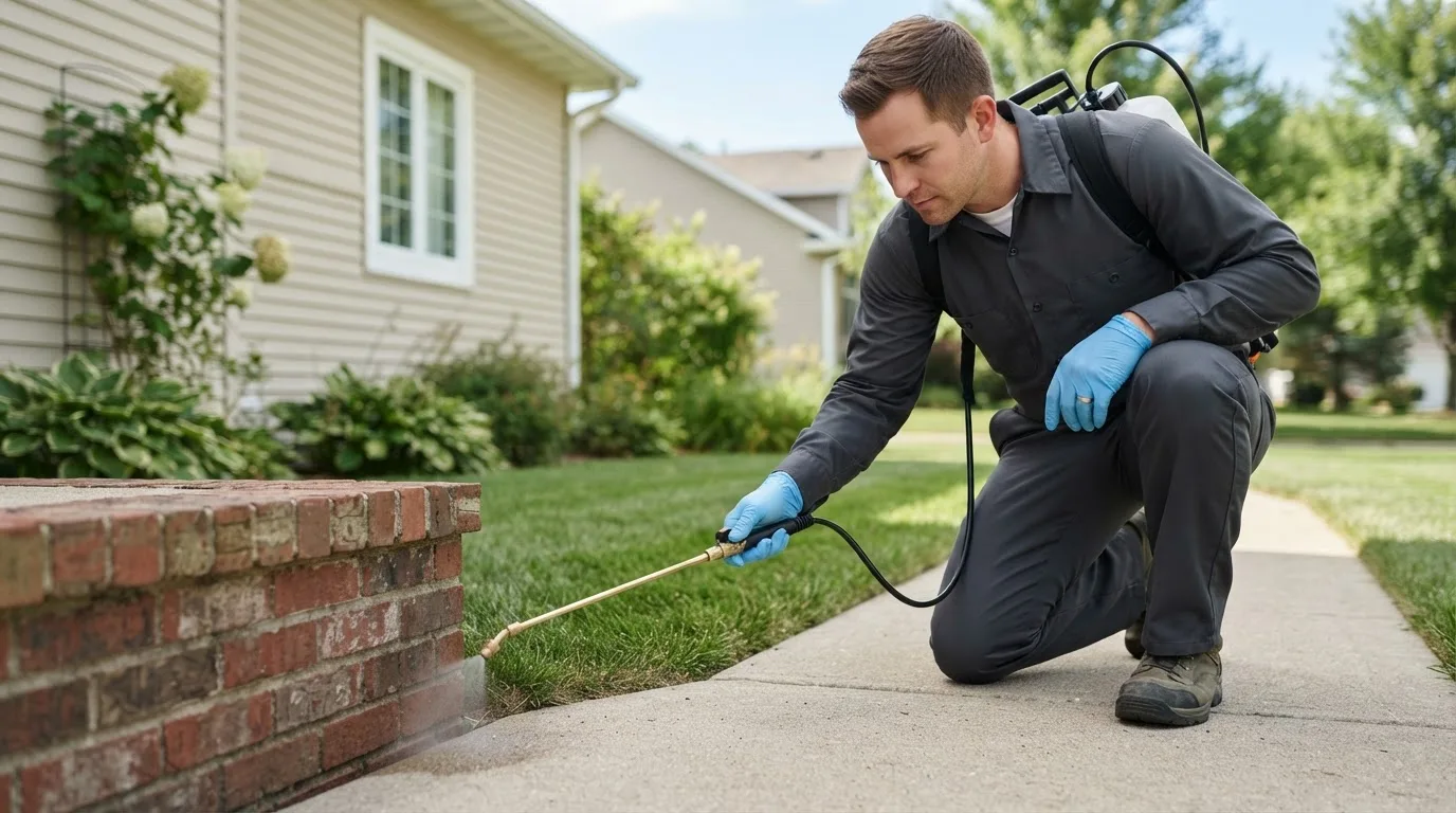 Pest control technician treating a home near Wakefield, RI